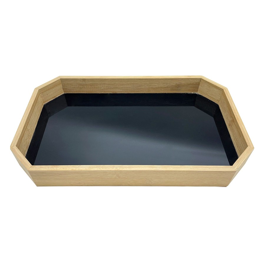 D Cor & Pillows * | 14In Black Glass And Wood Tray Exceptional Design