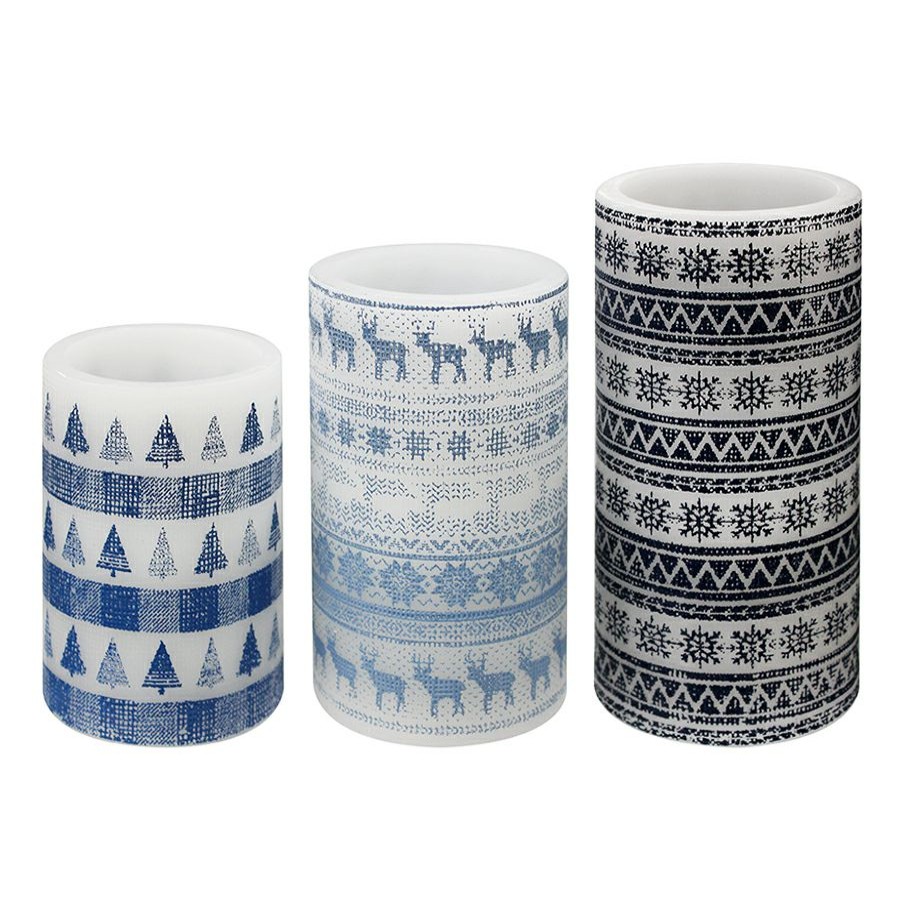 D Cor & Pillows * | Ty Pennington 3-Pack Blue Christmas Patterned Led Candle Set Good Quality