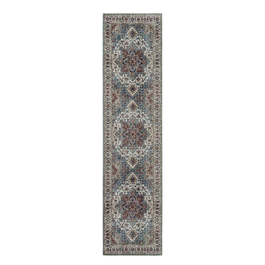 Rugs & Curtains * | (D448) Chenille Printed Vintage Look Blue Medallion Runner, 2 7 Reliable Quality